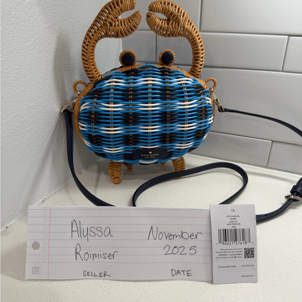 Kate Spade Woven Wicker Blue and Tan Crab Crossbody Bag
